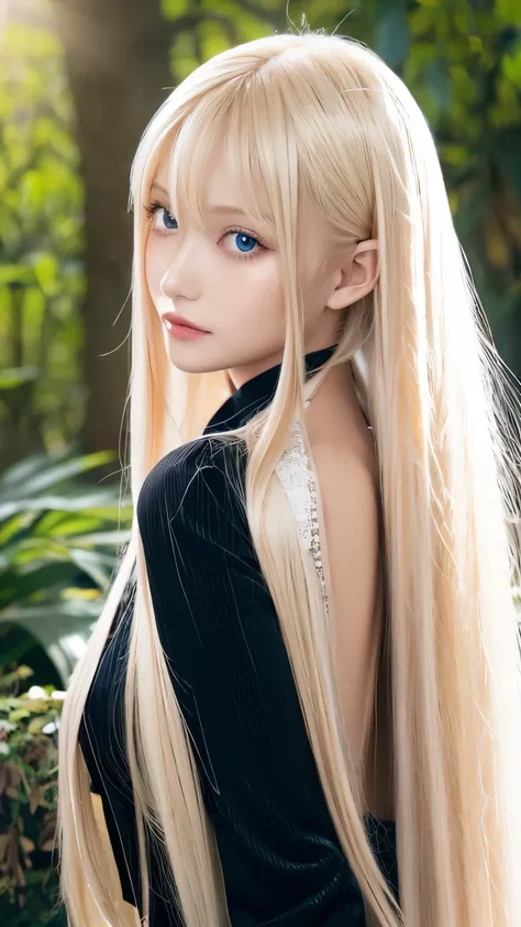 Super long super long straight platinum blonde silky hair、masterpiece、highest quality、High resolution、highly detailed pictures、professional lighting、(((Topless)))、bangs between eyes、hair above eyes、片hair above eyes、hair in the center of the face、take a pos...