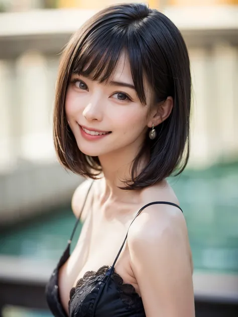 (on the table, best quality、ultra high resolution、face focus focus、Focus on the side、navel focus、low cut focus、Very attractive beauty、Adds intense highlights to eyes、Look closely at the camera:1.4、Absolutely beautiful bangs:1.4、Black hair with short bob ha...