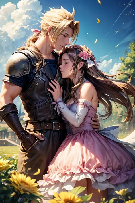 ((Mejor calidad)), ((obra maestra)), (detallado), cara perfecta, smile, kiss, aerith gainsborough, cloud strife, ff7, clerith, flowers, feathers, lifetream, green glows, glitters, love, petals floating , happy ending, just two characters, perfects hands, a...