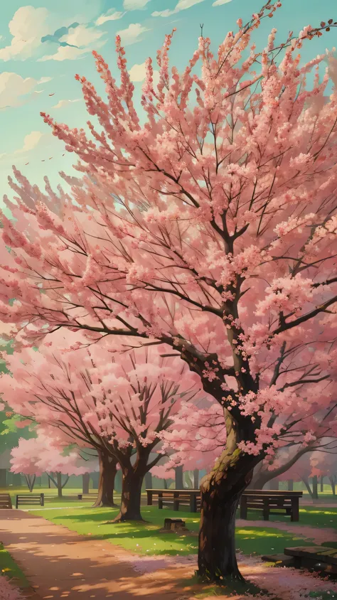 There are many pink trees, vast sky, Baiyun , petal , flowering, aesthetic tranquility happiness, diffuse light, divine light, Color difference, Caustics