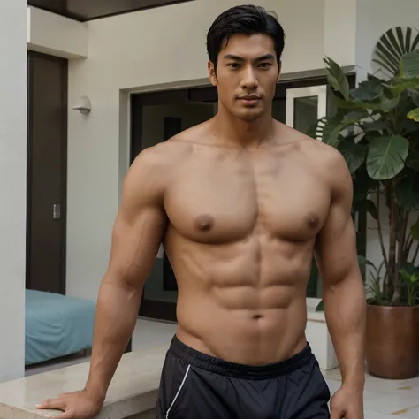 Asian man, handsome, tall, big, dark skin, model with a bulging lower body, Greek god, sexy, attractive, dove, calm face, handsome face. 