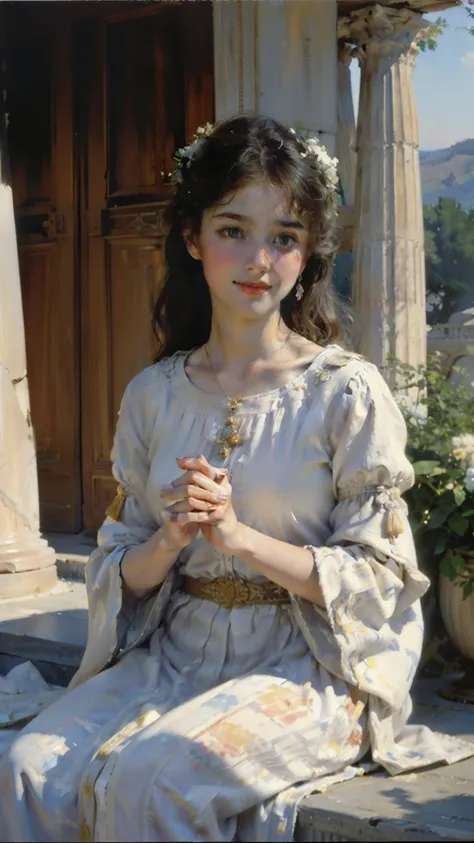 (highest quality、High resolution、masterpiece)、((Sargent style watercolor))、(david hamilton style)、(soft focus)、ancient greek scene 、The world of Bilitis songs、(greek female bard)、22 years old、beautiful face、Well-formed eyes and nose、bewitching smile、detail...