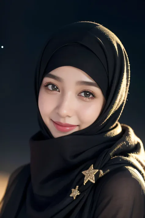 Photo of a hyperdetailed potrait, smile, Beautiful arabic muslim with hijab natural arabic Woman, pashmina black hijab and dress [jungle|field], Stars in the sky, soft focus, dmt, film grain, Sony Gmaster Lense, F/2.8 bokeh