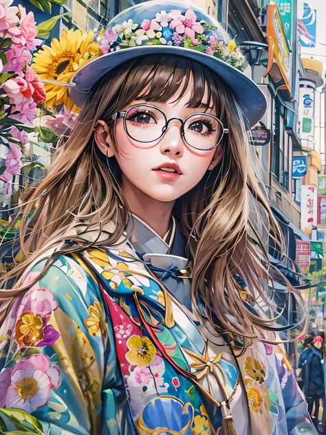 8K quality, watercolor painting, stylish design, (((The strongest beautiful girl of all time))), (((Japanese)))、Idol、AKB48、stylish glasses, Fashionable hats, (((highest quality))), bob hair, HDR, ((Detailed details)), stylish fashion, detailed clothing tex...