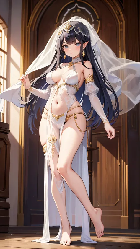 dancer lingerie, veil, see-through, pelvic curtain, detached sleeves, revealing clothes, bridal gauntlets, barefoot, mouth veil, Kitagawa, earrings, ear piercing