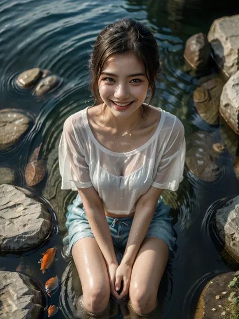 create a realistic picture seen from above, a Taiwanese girl, sitting cross-legged on the water in a lake with clear water. the girl was wearing a loose shirt made of gauze. The girls face looked up with a smiling face and her hands were open, showing rock...