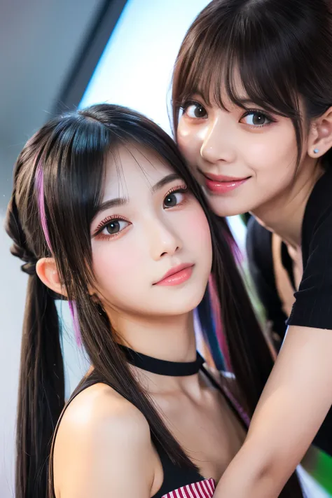 2girls,have a sword、back to back、striped hair,twin tail hair,  mole under eye, mole under mouth, heart shaped eyes, long eyelashes, pink eyes, heart shaped choker、Full body Esbian、look at the audience、shy, blush, teeth, ear blush, nose blush,anime style, c...