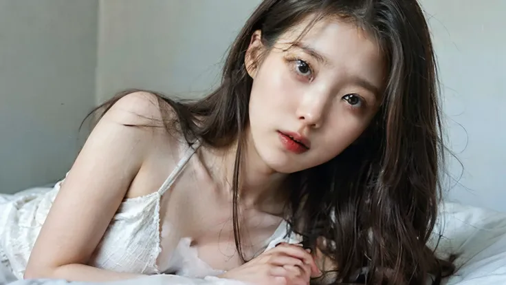 Portrait, iu1, look at viewer, long hair, tank top, half naked, white bedroom