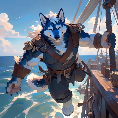 (detailed background:1.2),(sky,cloud,ship,sea,pirate,pirate costume),(rewarding, masterpiece ,best quality ,high quality, shaded, 8K),(kemono,furry,anthro),(by darkgem, by sindenbock, by taran fiddler, by burnbuckie, by nezumi, by sindoll),(anthro husky do...