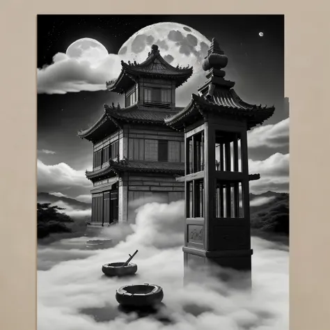 night，moon，game scene，Ancient Chinese palaces are located above the clouds，surrounded by clouds，majestic man，glazed tiles，Buddha statue，Kongming Lantern，bamboo lantern，The ornate foreground is three arches((Color ink)),( (Splash ink ) ), ((Splash ink) ink}...