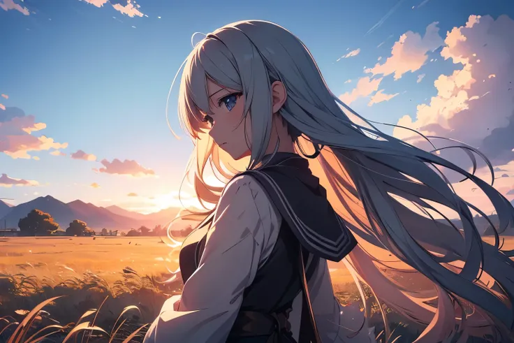 A breeze blows the girl&#39;s long hair、Anime grassland in the background Beautiful and harmonious scene, Exquisite animations, rich details high quality, Vivid 4K, artistic 4k wallpaper, amazing anime scenery