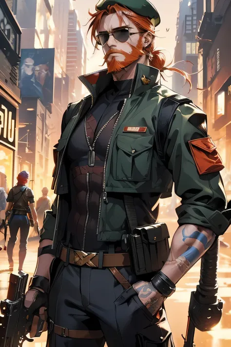 male mercenary. aged in his fortys. wearing a beret. full and long ginger beard. cyberpunk. tattoos. scars. light skin. wearing a combat vest, military cargo trousers. Sun glasses.
