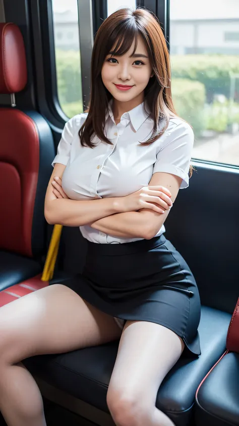 1 female, thighs, sitting on the train, office lady, realistic, Raw photo, white shirt, pencil skirt, pantyhose, pumps,  medium hair, bangs, looking at the viewer, highest quality, ８K、big breasts, (fold your arms),smile、A big smile、