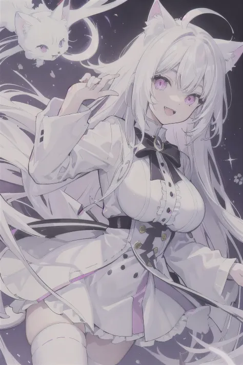 white hair，straight hair，light pink eyes，cat girl，Big breasts，White cat ears，open mouth，Smile，Show long legs