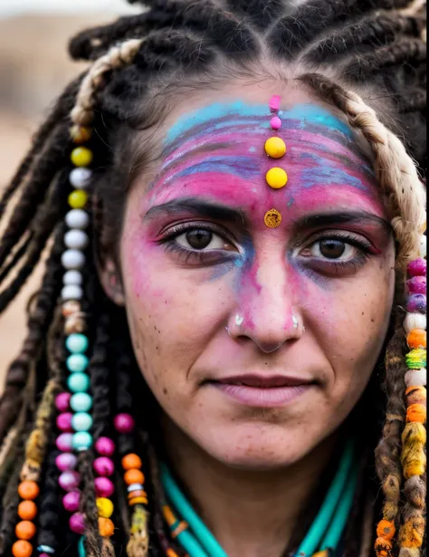 close up of a woman, face centered, hippie at burning man, covered in mud, long hair with colorful beads and dreads, rainbow fac...