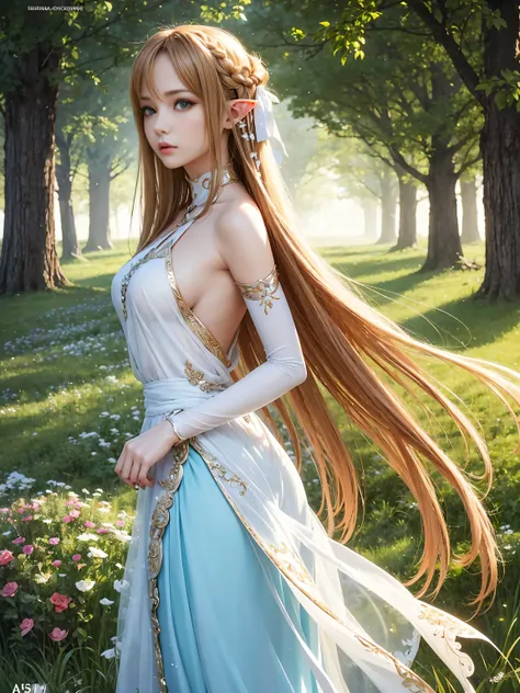 A graceful elf girl stands in a meadow, her delicate features illuminated by the soft light of the setting sun. Her long, flowing hair cascades down her back, adorned with intricate braids and adorned with sparkling jewels. This stunning painting captures ...