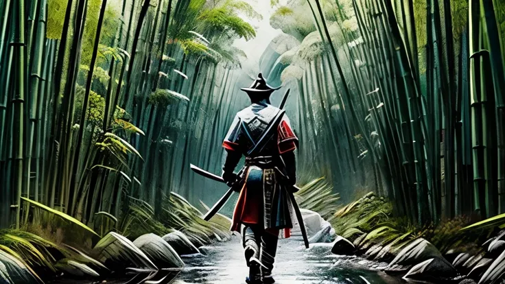 Japan warrior with a long sword and two short swords, navigating through a bamboo forest.