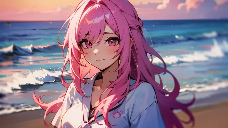 beach，seaside，sunset，pink hair，pink eyes，smile，white shirt，8k resolution