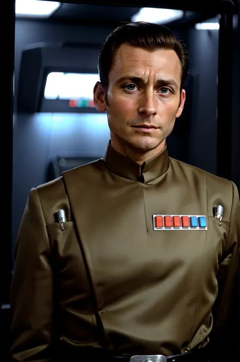 1 Mann, 40-year-old man from the 1940s, with very short brown straight hair in an olive green imperial officer's uniform, Hair combed to the side with hair gel, Koteletten, sieht deprimiert aus, Blick weg von der Kamera, in an interrogation room, 8k uh...