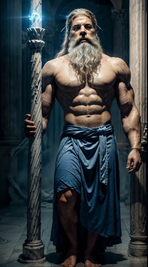 Zeus,alone,tired,powerful old god, long white washed wizards beard,in a Royal Blue toga,robotic leg,leaning on thunder,piercing look,detailed background,detailed face,greek mythology theme,eternity,standing still,bloom light aura,epic atmosphere,ancient de...