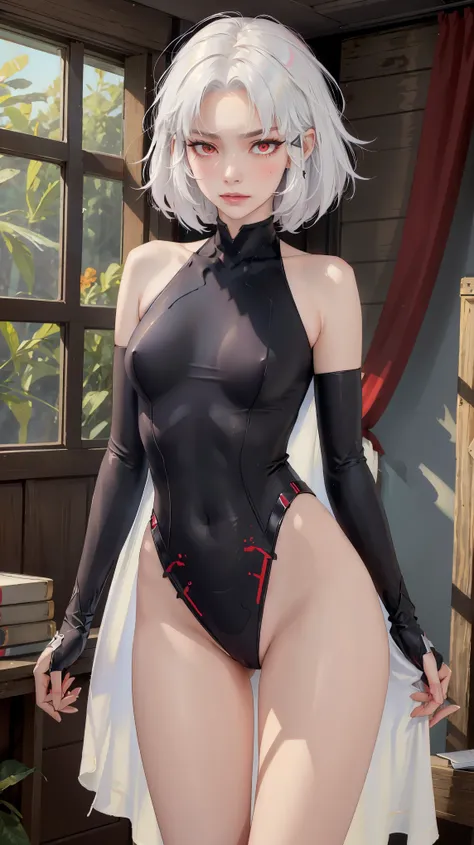 ((((masterpiece, best quality, high resolution)))), (1girl:1.5), ((short silky hair, white hair, red eyes, sharp eyes)), (perky breasts:1.2), (blushing red, embarrassed), glow, thighs, bare shoulders, collarbone, narrow waist, (slender body figure), (beaut...