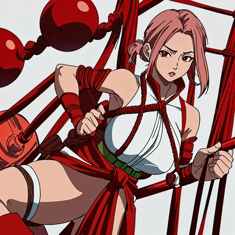 Sexy woman wearing red-and-white uwagi with matching hand guards and tabi-style boots, rope around her shoulders, and a single tassel, with large red orb, tied to the sash around her waist