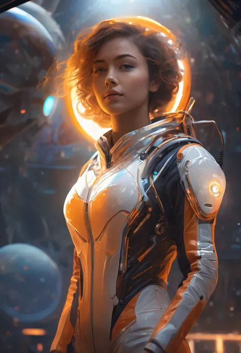 Female 25 years old beautiful astronaut 2500, detailed iridescent eyes, orange clotheetallic white details, cinematic, photo shoot, half Backlight, Backlight, dramatic lighting , incandescent lamp, soft lighting, extremely detailed and complicated, hyper m...