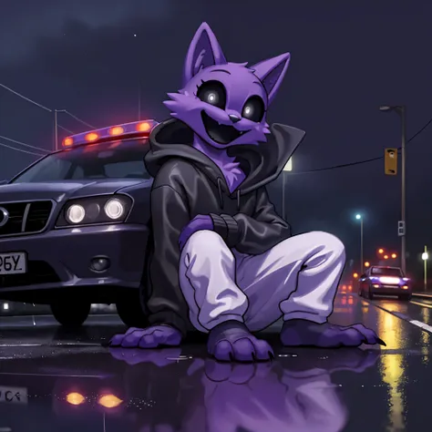 1person, purple cat with black eyes, black mouth, sitting on the road, leaning on the car, solo, full body, long legs, night,hor...