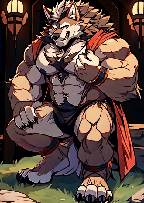 Human-wolf，musculous，Hairy all over，clawed paws，erect through