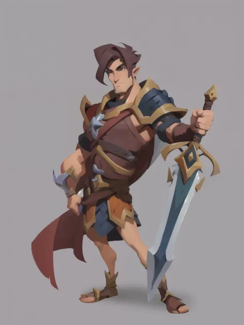 One is wearing brown clothes、Cartoon image of man holding sword, heroic fantasy character concept, hero character art, Warrior character design, warrior dnd character, Character Design Contest Winner, fantasy character concept, detailed character art, High...