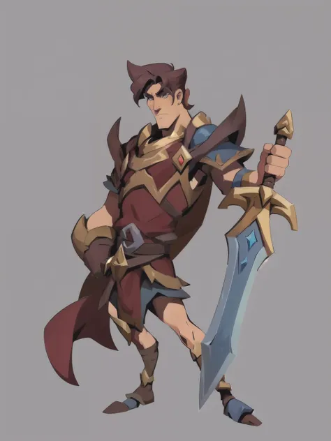 One is wearing brown clothes、Cartoon image of man holding sword, heroic fantasy character concept, hero character art, Warrior character design, warrior dnd character, Character Design Contest Winner, fantasy character concept, detailed character art, High...