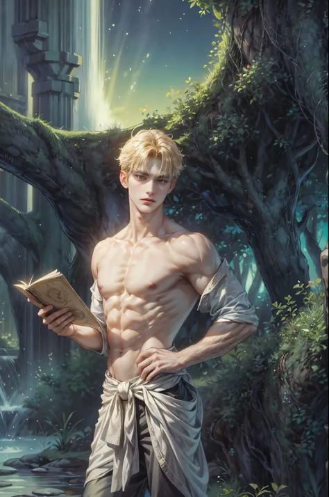 ((Best quality)), ((masterpiece)), (detailed), ((perfect face)), ((halfbody)) Amidst a tranquil slumps, a handsome young blonde character from saga frontier 2, resides in a cozy home, where he channels his creative energy into capturing the enchanting harm...