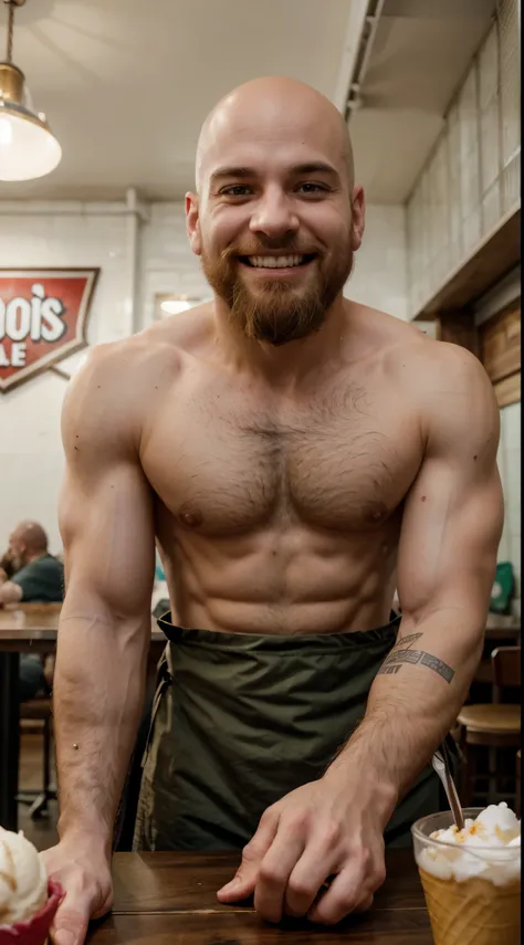 kratosGOW_soul3142, scar, beard, bald, armor, looking at viewer,smiling, happy, teeth, upper body shot, sitting, behind a table, inside a ice cream parlor, table, ice cream cone, playful ambiance,  high quality, masterpiece, 