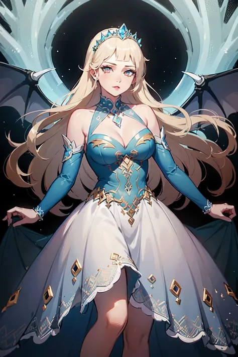 exquisite (((ice princess))), Dress elegantly (((Ice blue themed princess dress))), ประดับประดาด้วยความexquisite ((details)) and luxurious ((Link accent)), With flowing blonde hair and bright pink lips., paired with brilliance ((ice crown)), astride the ki...