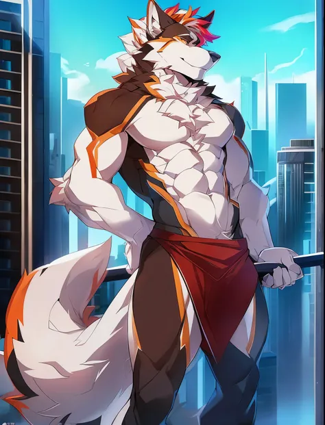 ((Solo)), male people, anthro wolf, (Multi-colored fur, White tail pointed), (Height 3meters,Tail length 2meters), Abs, pinginuscular, A long big tail, by patto, modern city