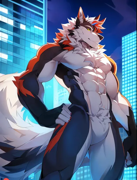 ((Solo)), male people, anthro wolf, (Multi-colored fur, White tail pointed), (Height 3meters,Tail length 2meters), Abs, pinginuscular, A long big tail, by patto, modern city