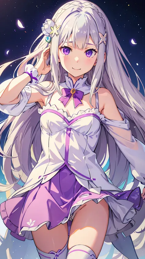 realistic、one girl、 Emilia Lee:zero、crown blade、flower hair ornament、×hair ornament、gray hair、long hair、purple eyes、fantasy、The magic effect of ice、illumination、pieces fly、smile、mini skirt、white knee high socks、