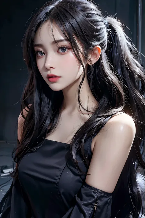 (close up:1.3), (split:1.3), Volumetric lighting、The facial details are particularly rich、1 girl、dark、deep shadow、low profile、hair length、white hair, huge saggy breeasts, off-shoulders top, cowboy shot, high ponytail long hair, 