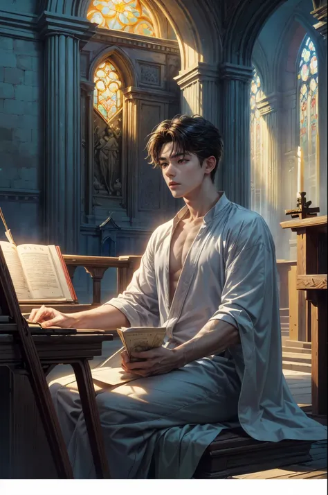 ((Best quality)), ((masterpiece)), (detailed), ((perfect face)), ((halfbody)) Amidst a tranquil church, a handsome young korean boy and short hair, resides in a cozy cathedral beside the beach, where he channels his creative energy into capturing the encha...