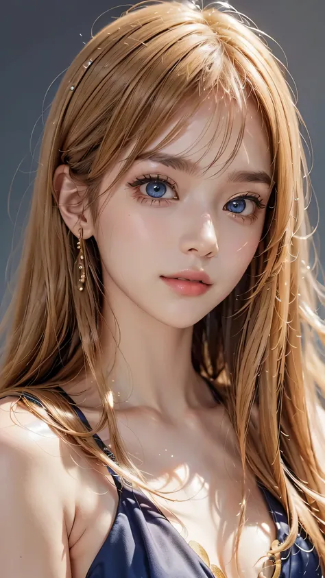 Beautiful white and shining skin、Blonde hair color that changes color depending on the light、long bangs between the eyes that obstruct vision、Highlights on the cheeks、Sexy and very beautiful lovely gorgeous face、the most beautiful face in the world、Super l...