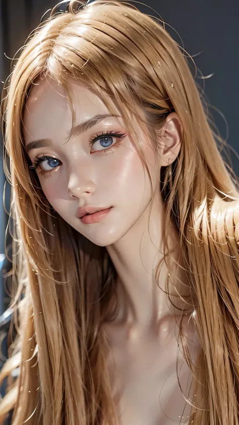 Beautiful white and shining skin、Blonde hair color that changes color depending on the light、long bangs between the eyes that obstruct vision、Highlights on the cheeks、Sexy and very beautiful lovely gorgeous face、the most beautiful face in the world、Super l...