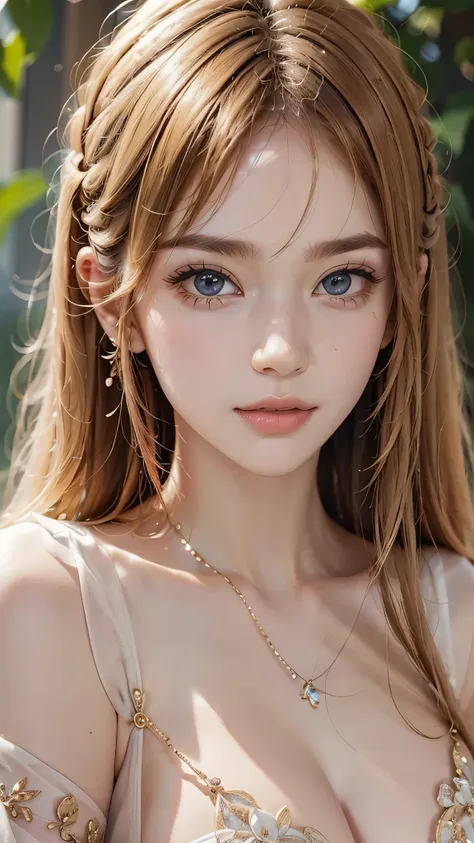 beautiful white and shining skin、blonde hair color that changes color depending on the light、long bangs between the eyes that ob...