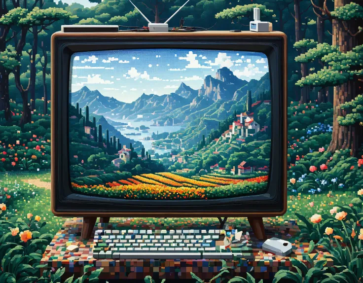 pixel art style, pixel art并不是指单某一种图像,It emphasizes a style,have clear outlines、Bright colors,unfettered style。This style is similar to the "Pointillism" created by the French painter Seurat at the end of the 19th century.。pixel art已成为一种的复古艺术创作风格,...