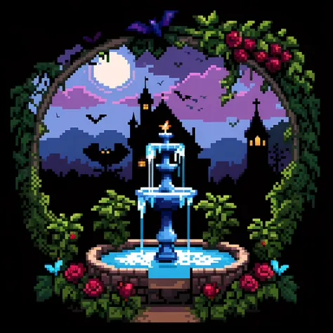 cute pixel art illustration, masterpiece in maximum 16k resolution, superb quality, visualize a haunting twilight garden within ...