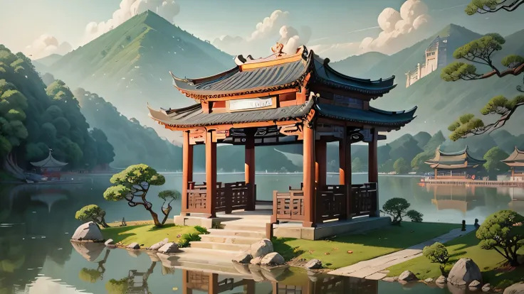 cartoon style，Scenery outside the court，Ancient Chinese traditional ink painting style，Hangzhou，west lake，stone bridge，pavilion，Willow，lake water，distant mountains，Baiyun，super wide angle，Ray tracing，great masterpiece，High quality ancient Chinese style，Bea...