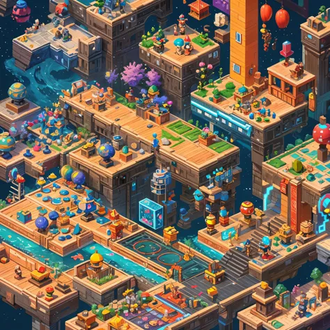 (best quality,4k,8k,highres,masterpiece:1.2),ultra-detailed,(pixel),retro,vibrant colors,isometric landscape,blocky characters,arcade game,8-bit graphics,cartoonish style,playful atmosphere,dynamic movements,horizontal scrolling,high score challenge,strate...