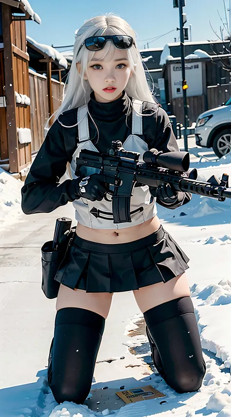 ((best quality)), (masterpiece), photorealistic, photorealism, 1girl kneeling and aiming with an ak-47 assault rifle, mini skirt, (thighhighs), Photorealistic, high resolution,Snow background, looking to the camera, (Detailed face), White hair, SWAT vests,...