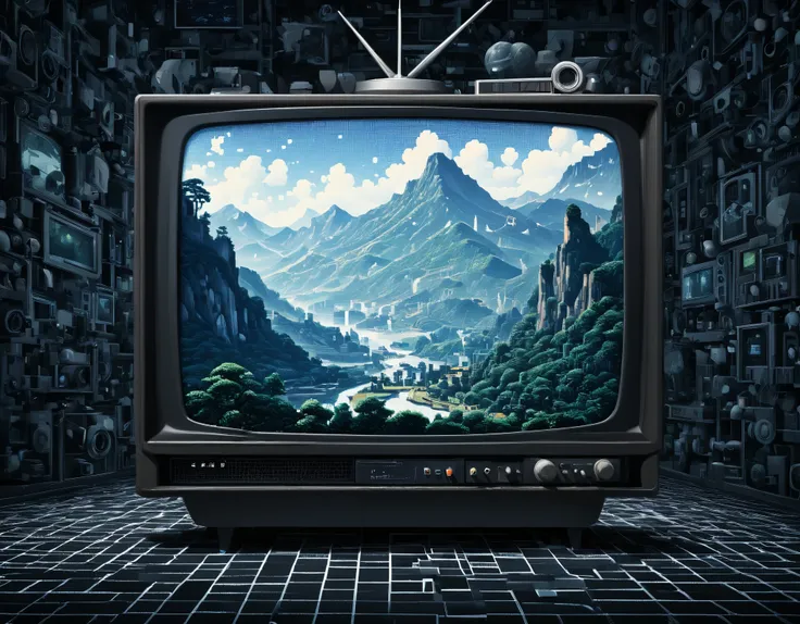 pixel art style， （pixel art，retro old tv，black and white grid on tv screen） ，pixel art的ambiguity不是纯粹的虚化感，but a unique visual sty...