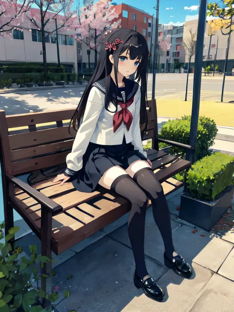 masterpiece, best quality, Very detailed, Ridiculous,1 girl,Exquisite facial features ,((Sefuku)), (black stockings), leg,institutional shoes, Black footwear,((cute pose)), hair accessories,sitting,lower body,