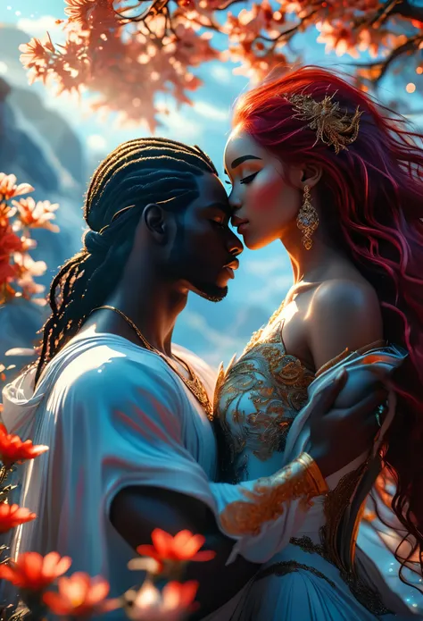 Novel of a lover in celestial landscape, a beautiful darkskin imperial prince white long black hair and a beautiful (((darkskin celest woman))) with ((red hair)), very beautiful, perfect faces, whole body, romantic scene, romantic Way, sexy couple, 8K, ext...